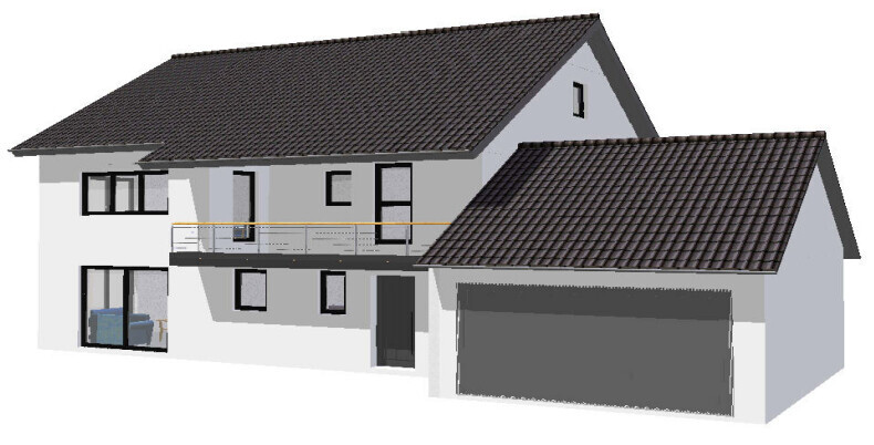 Modern two-story house with balcony, large windows, and integrated garage.