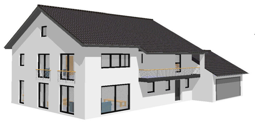 Modern white villa with gable roof, balcony, large windows, and garage.
