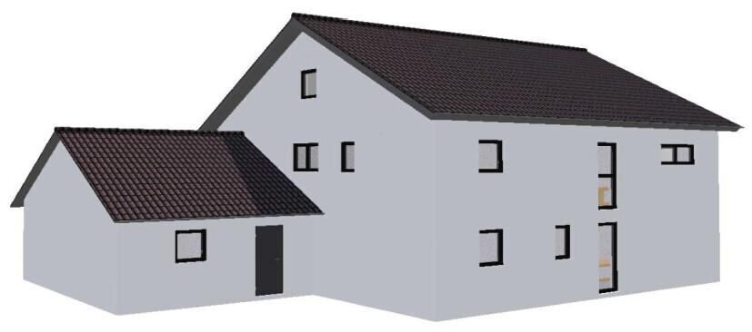 Gray multi-family house with gable roofs, annex, and many windows.