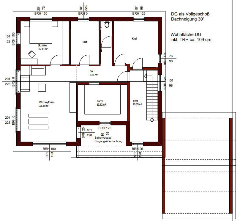 2D attic floor plan of a house with bedroom, bathroom, kitchen, and living room