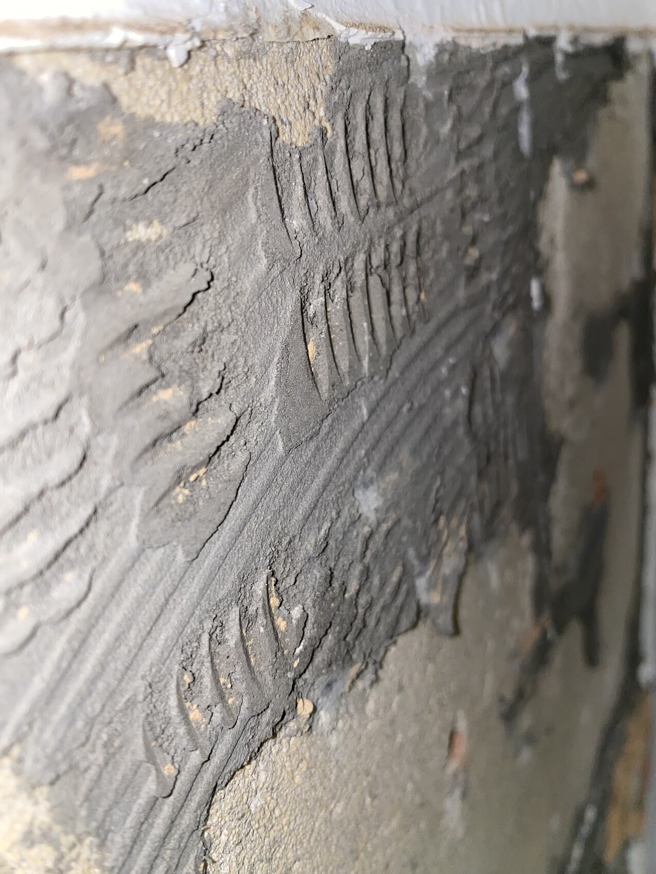 Close-up of a black burnt surface with parallel grooves and cracks.