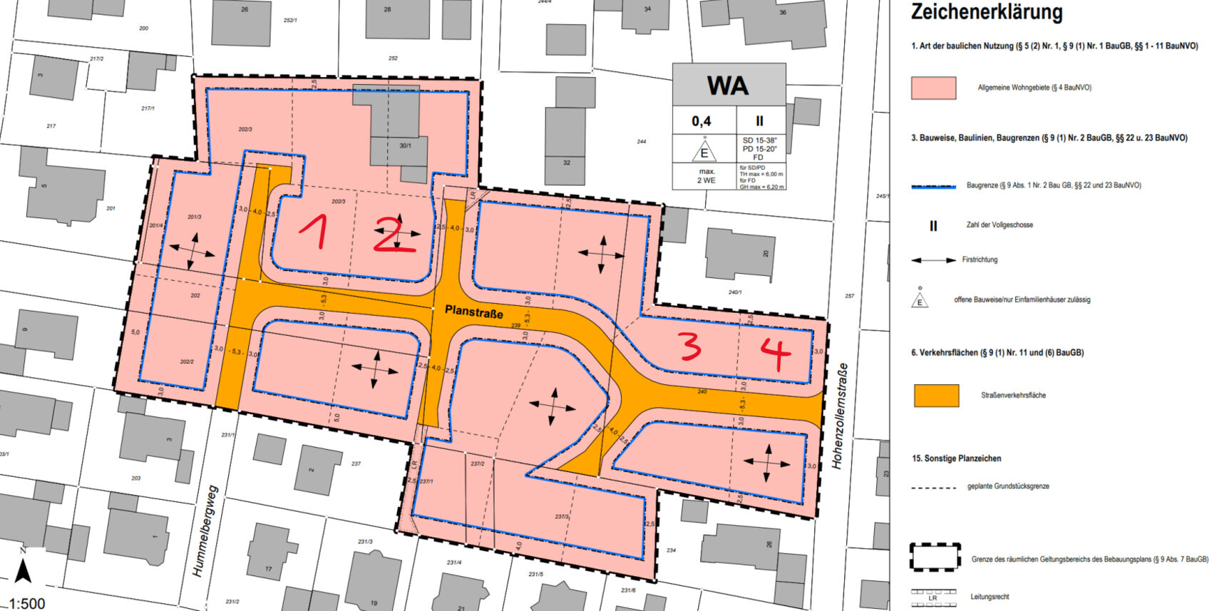 Site plan of a development area with four sections (1–4); orange traffic area, pink building zones.