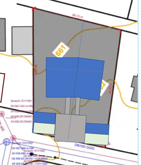 Site plan of a plot: gray area with blue building parts and yellow path layout.