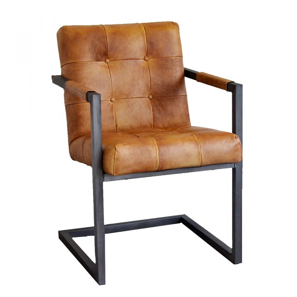 Brown leather armchair with black metal frame, padded backrest and seat.