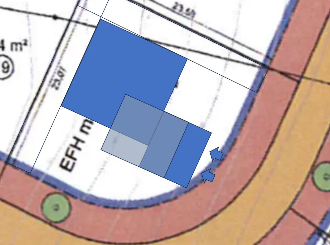 Architectural plan: Several blue rectangles overlapping, arrows indicating an entrance.