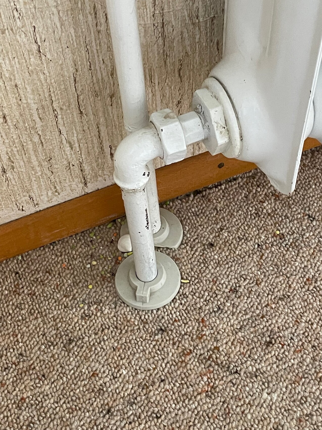 White pipe connection under a radiator resting on carpeted floor