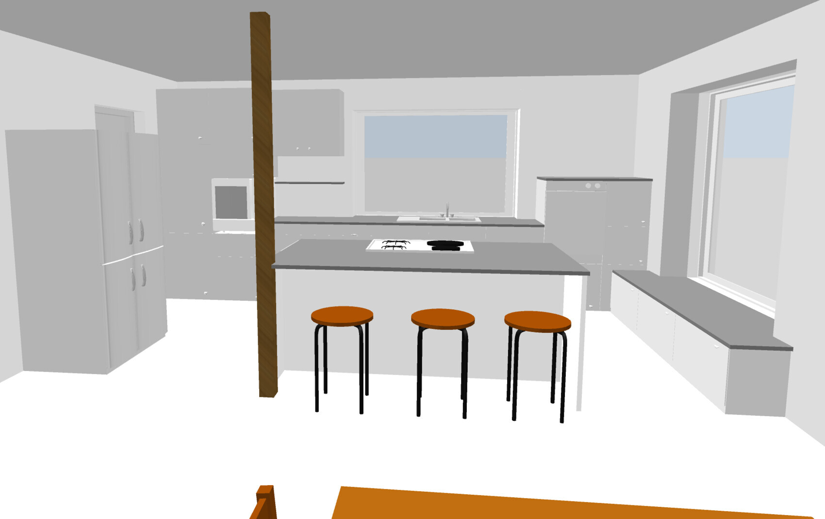Modern gray kitchen with island and three brown stools; sink, cooktop, window.