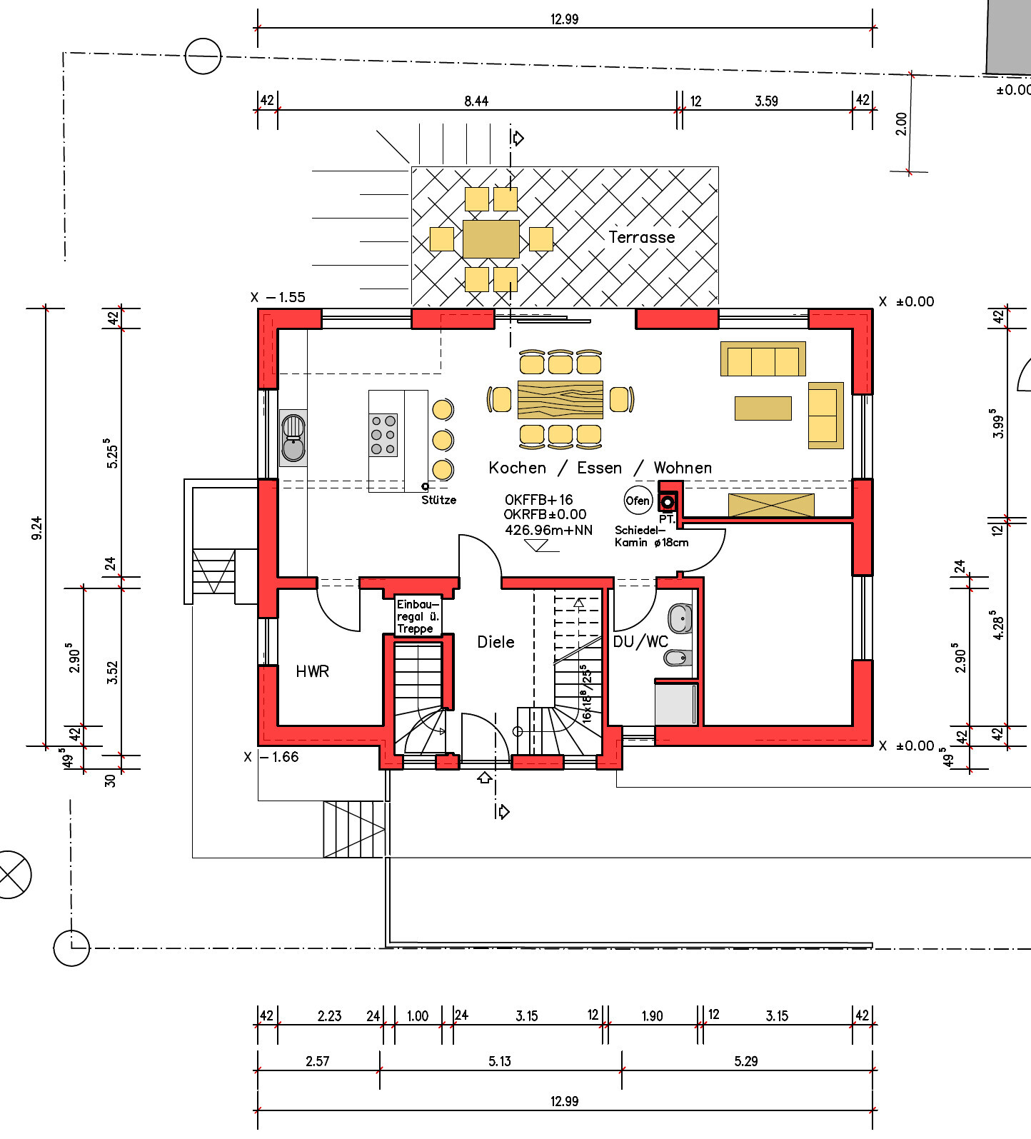 Ground floor plan: kitchen, dining, living, terrace, hallway, utility room, shower/WC, staircase.