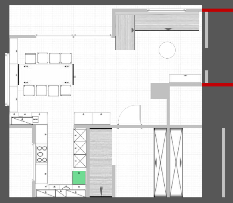 Grundriss einer Wohnung mit Küche, Essbereich, Wohnzimmer, Eingang und Treppe.