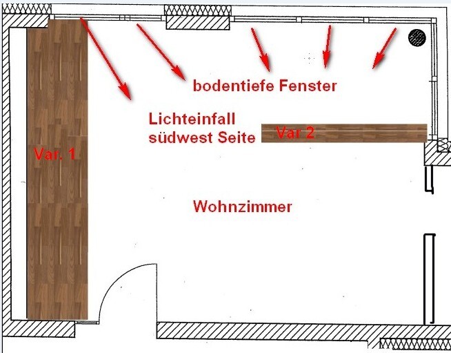 Grundriss eines Wohnzimmers mit bodentiefen Fenstern und Holzfußboden