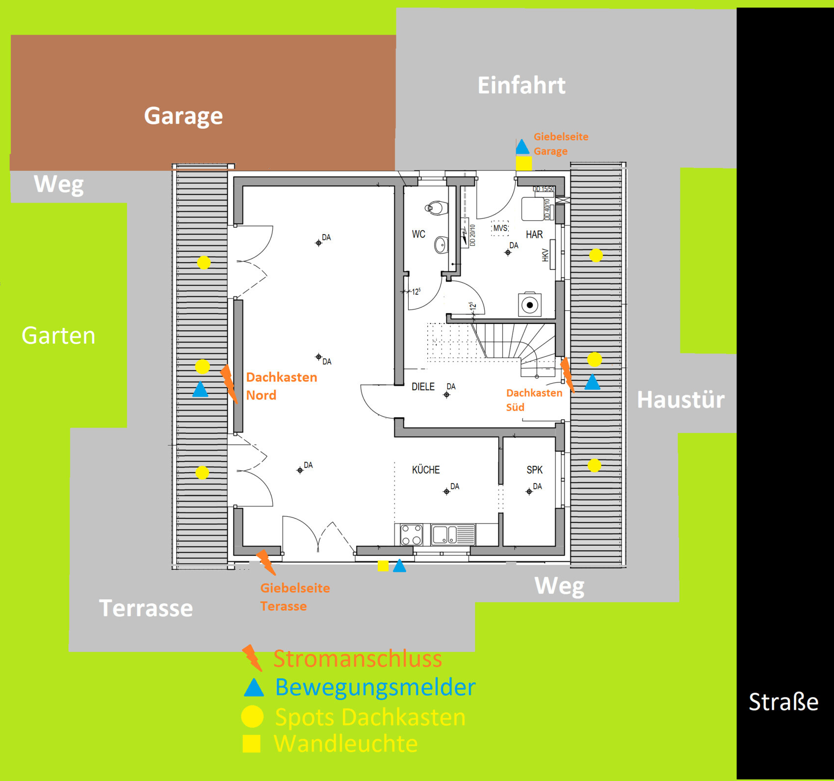 Grundriss eines Hauses: Garage, Einfahrt, Terrasse, Garten, Küche, WC, Diele, Treppe.