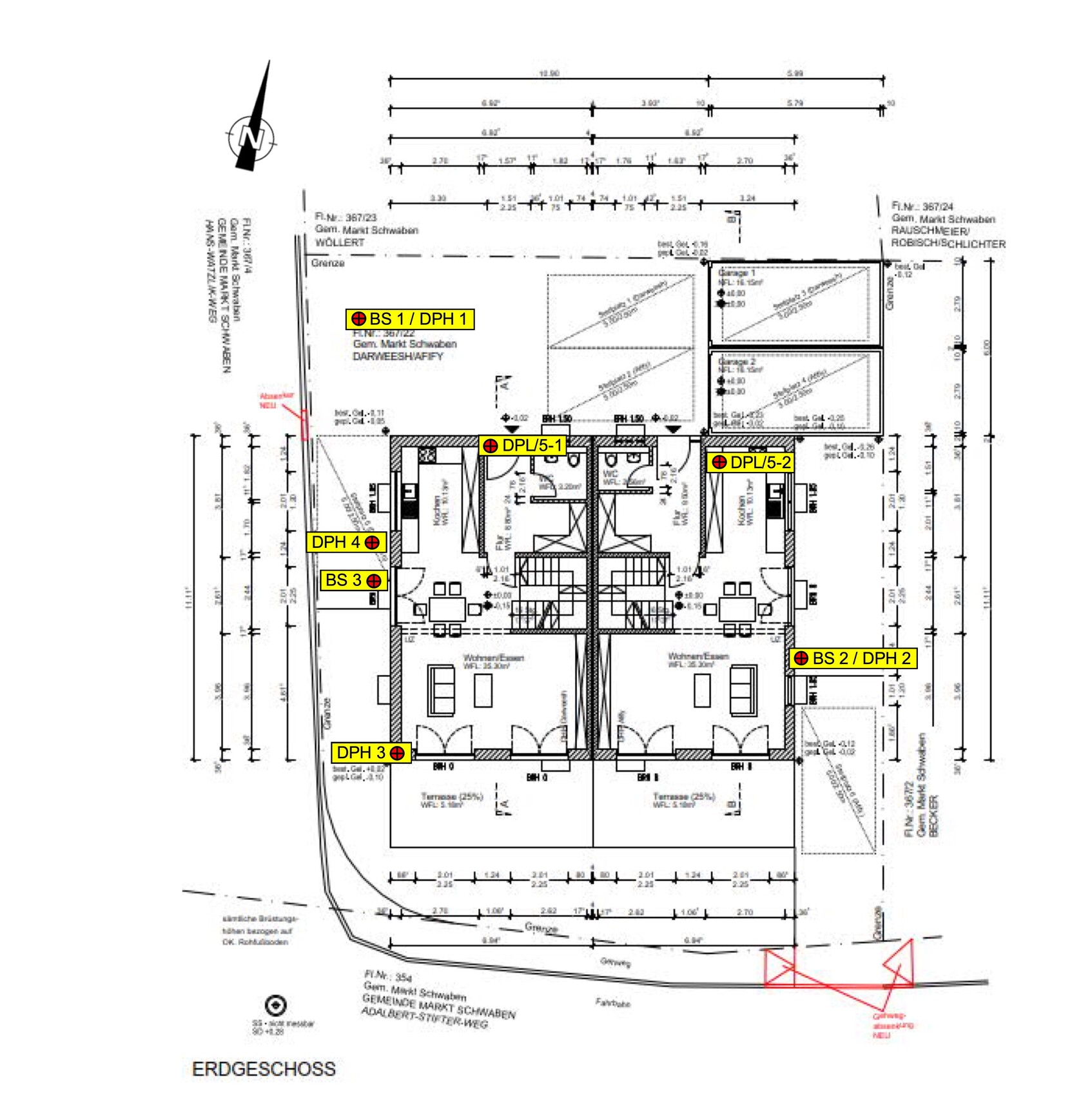 Ground floor plan with marked areas: BS 1/DPH 1, DPL 5-1, BS 2/DPH 2.