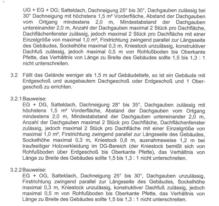 Excerpt from building regulations with rules on dormers, distances, and dimensions.