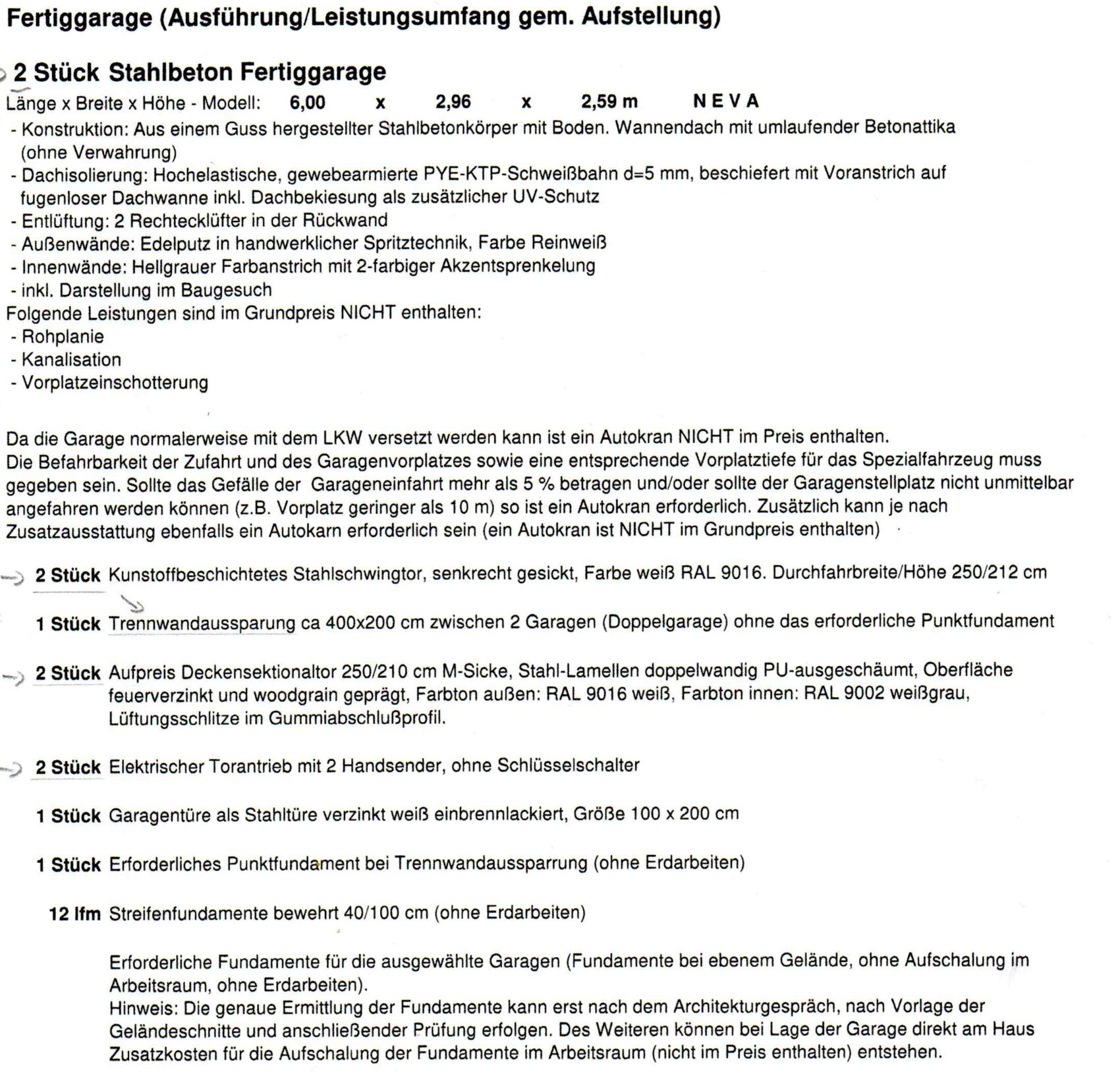 Page with details of 2 precast concrete garages, dimensions 6.00 x 2.96 x 2.59 m (19.7 x 9.7 x 8.5 ft), scope of services.