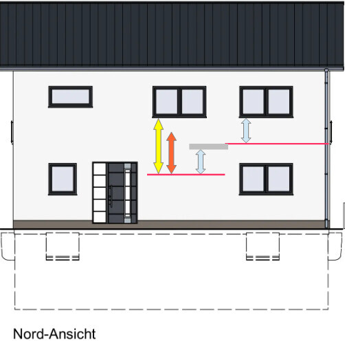 North view of a two-story house with dark roof, windows, and entrance door; dimension lines.