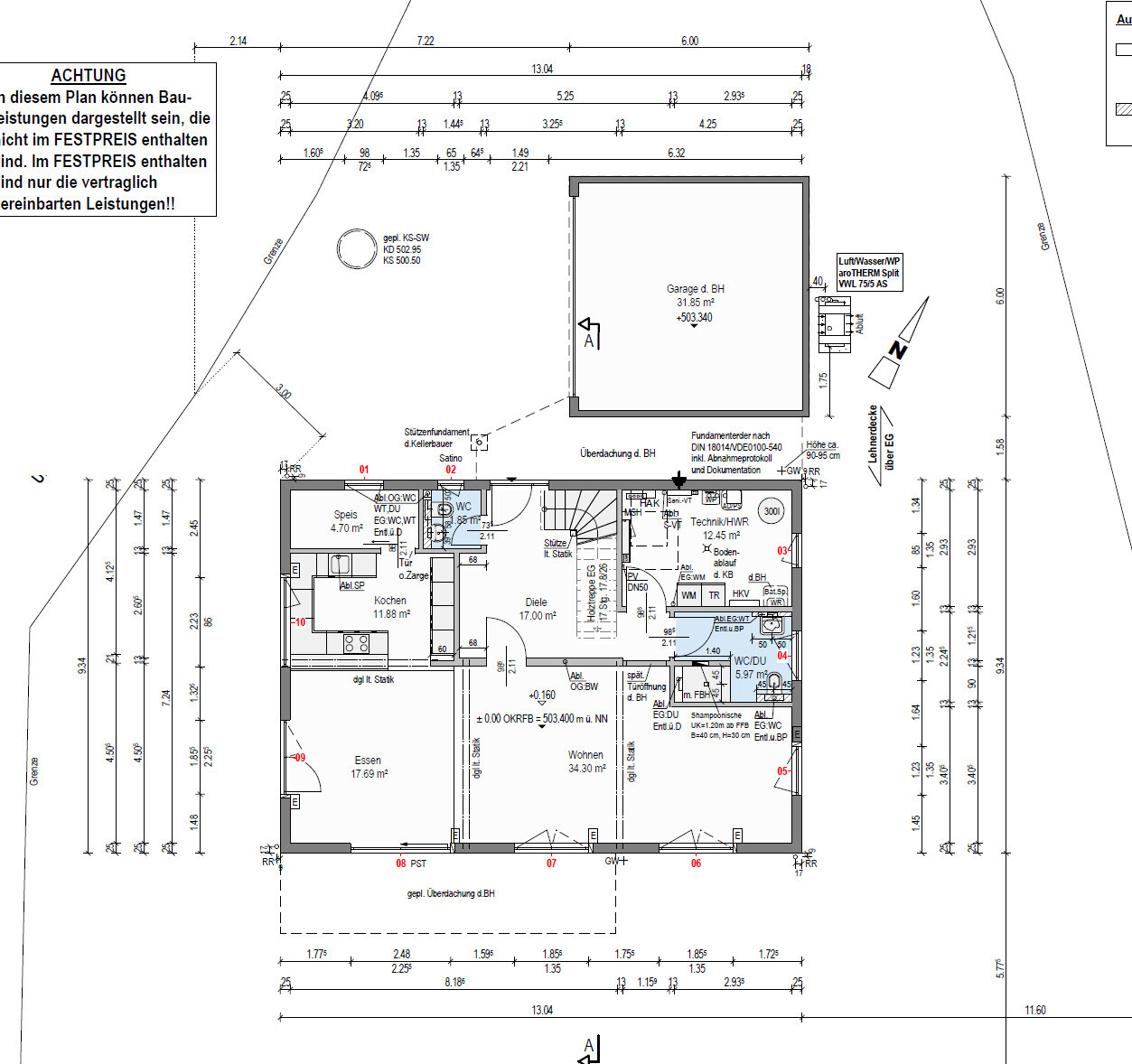 Detaillierter 2D-Grundriss eines Hauses mit Wohn- und Essbereich, Küche, Bad und Garage