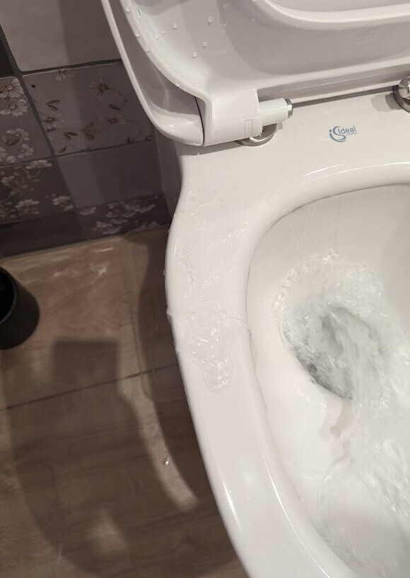 White toilet with open lid, water in the bowl, tiles in the background.