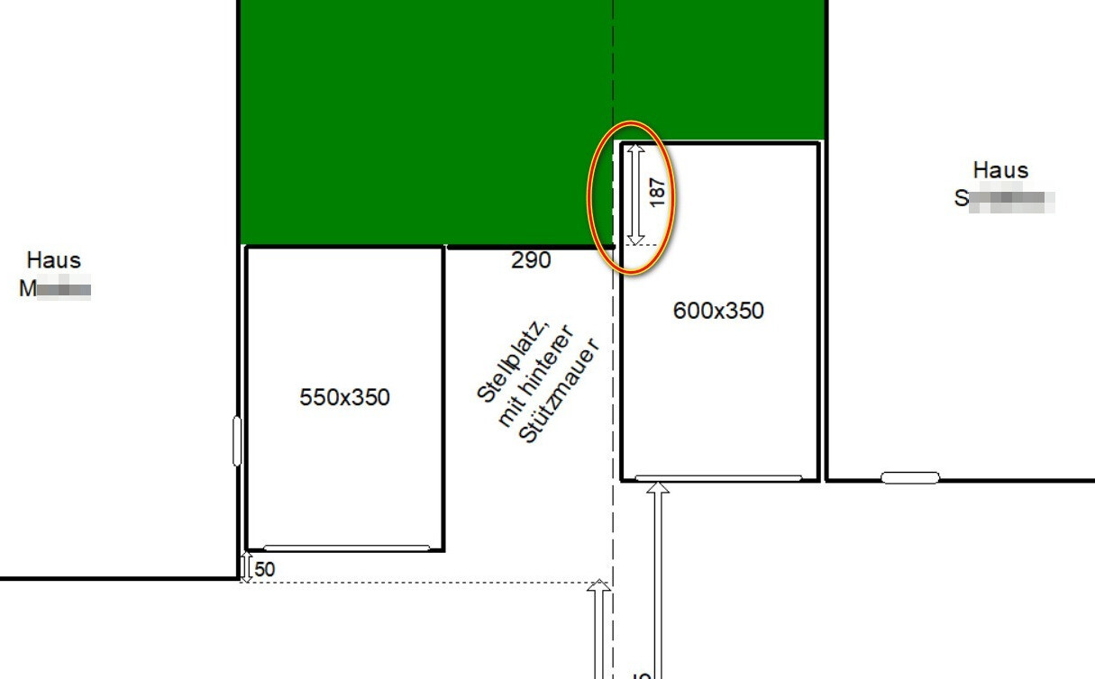 Floor plan: garden area above, house M on the left, house S on the right, parking spaces 550x350 and 600x350.