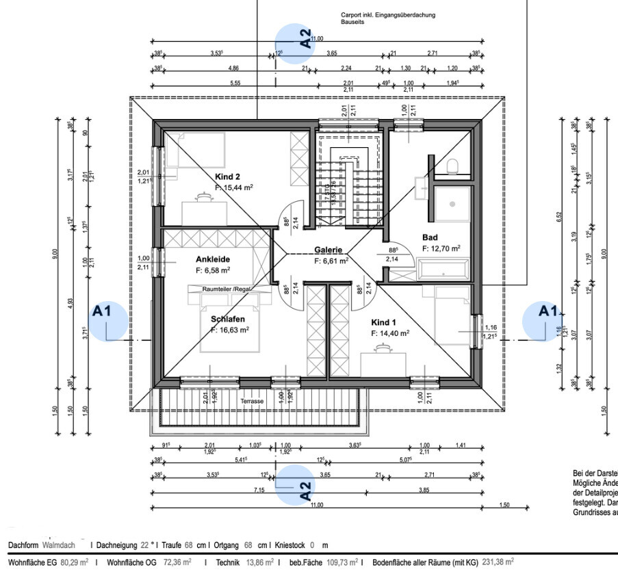 Floor plan of an attic with bedroom, walk-in closet, child 1 & 2, gallery, bathroom, terrace.