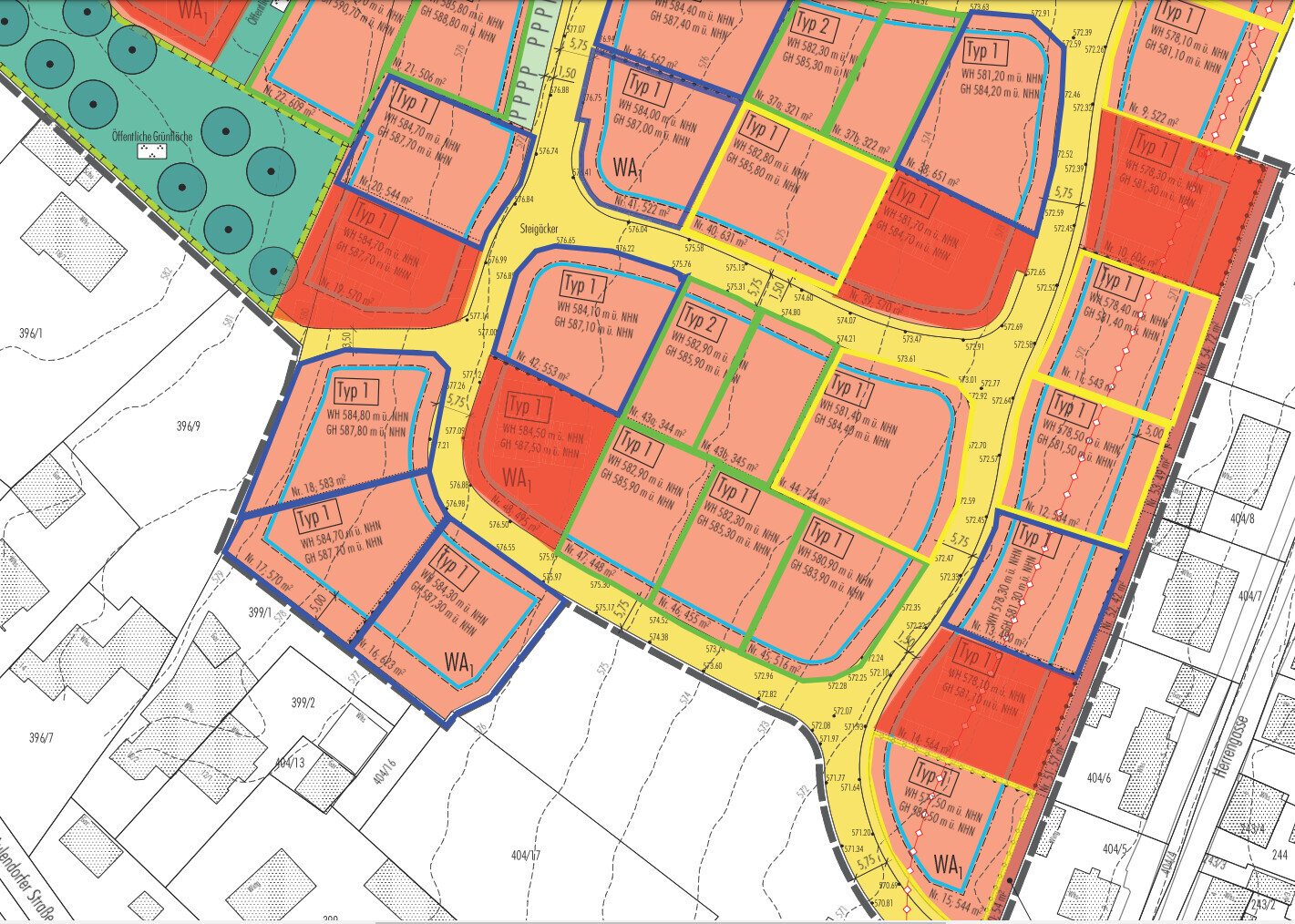 Development plan with colored parcels (Type 1/Type 2, residential), roads and green area to the left.