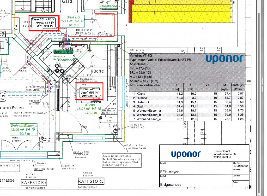 Floor plan of kitchen and living area with heating data box and Uponor plan