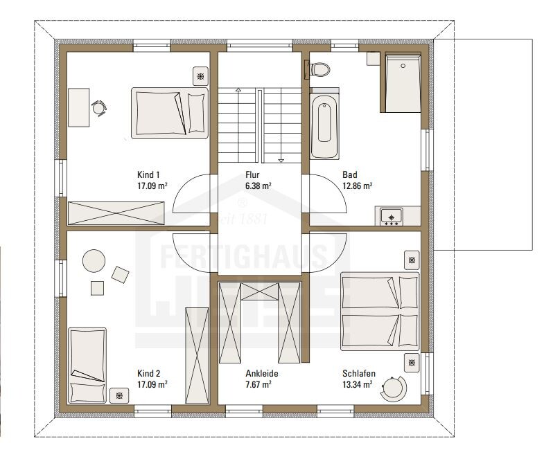 Upper floor plan: hallway, bathroom, bedroom, dressing room, two children’s rooms, stairs