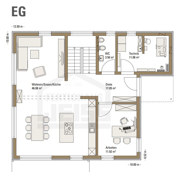 Ground floor plan: open living/dining/kitchen, hall, WC, utility room, office, stairs