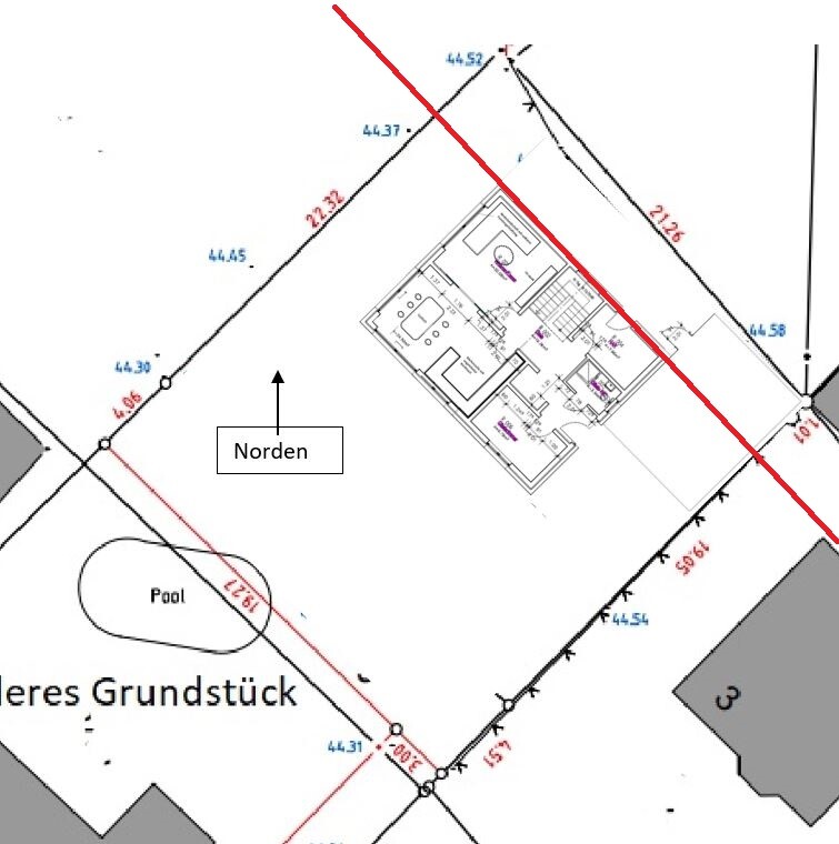 Site plan with house, pool bottom left, red diagonal line and north arrow