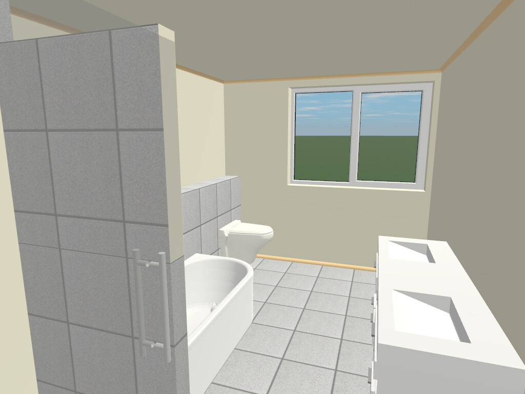 Badezimmer mit Badewanne, Toilette, zwei Waschbecken, Fliesen und Fenster.