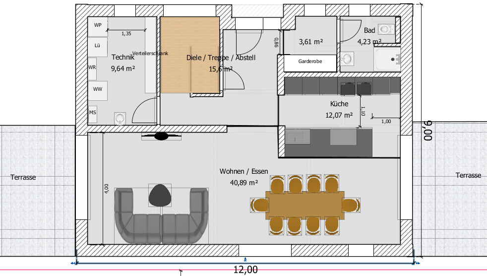 Floor plan of a house: living/dining area with dining table, kitchen, terrace, entrance hall, utility room, bathroom, wardrobe.