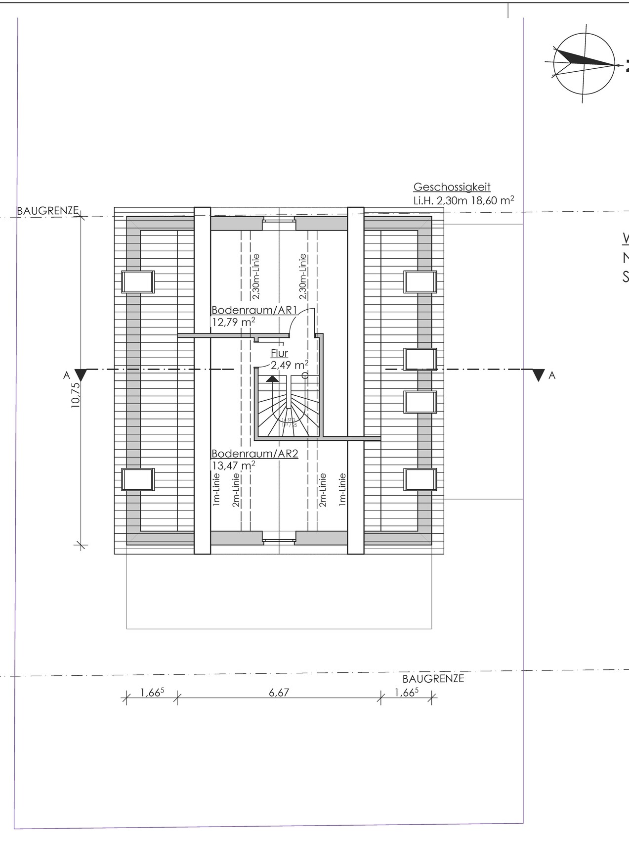 Dachgeschoss-Grundriss mit Treppe, Flur und AR1/AR2 Bodenräumen
