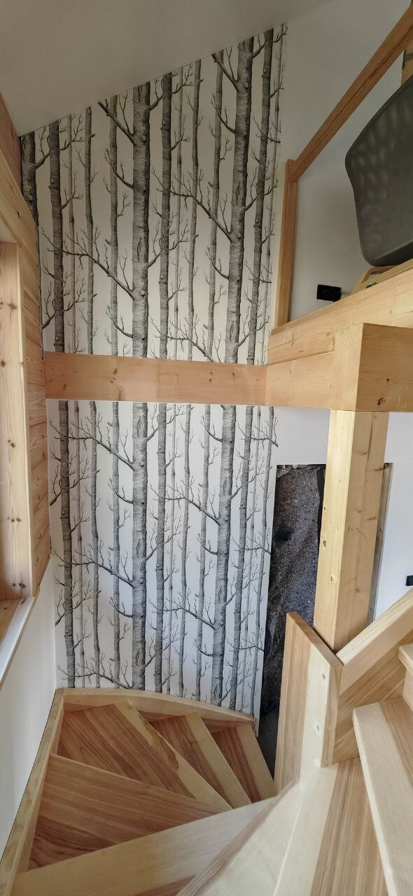 Light wood staircase indoors in front of a wall with birch trunk wallpaper.