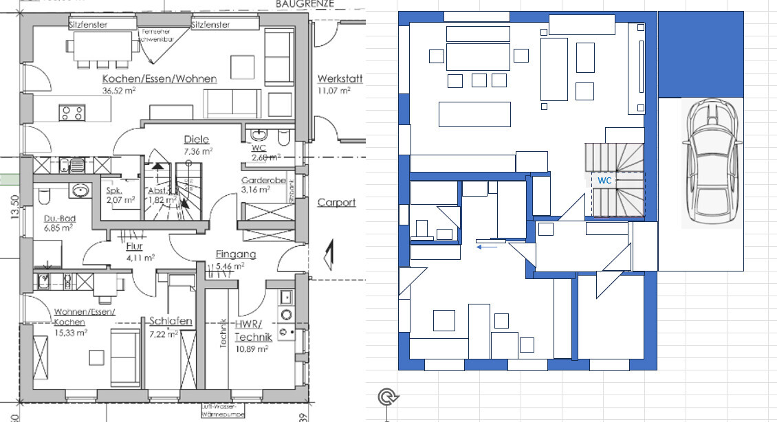 Two-story floor plan: left side ground floor with kitchen, living room, hallway; right side stairs, carport, car.