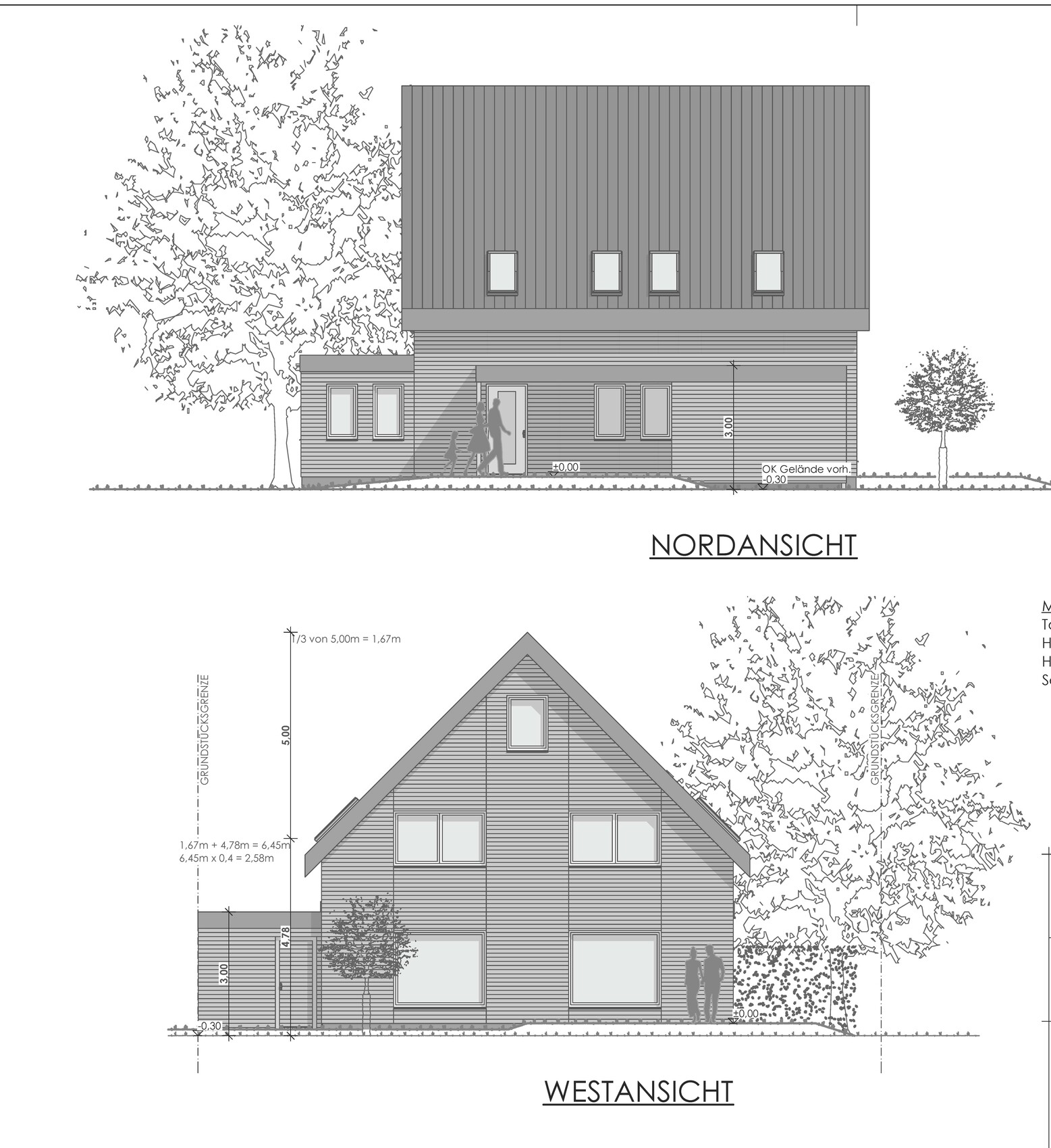Architectural drawing: North and West elevation of a house with gable roof and trees.