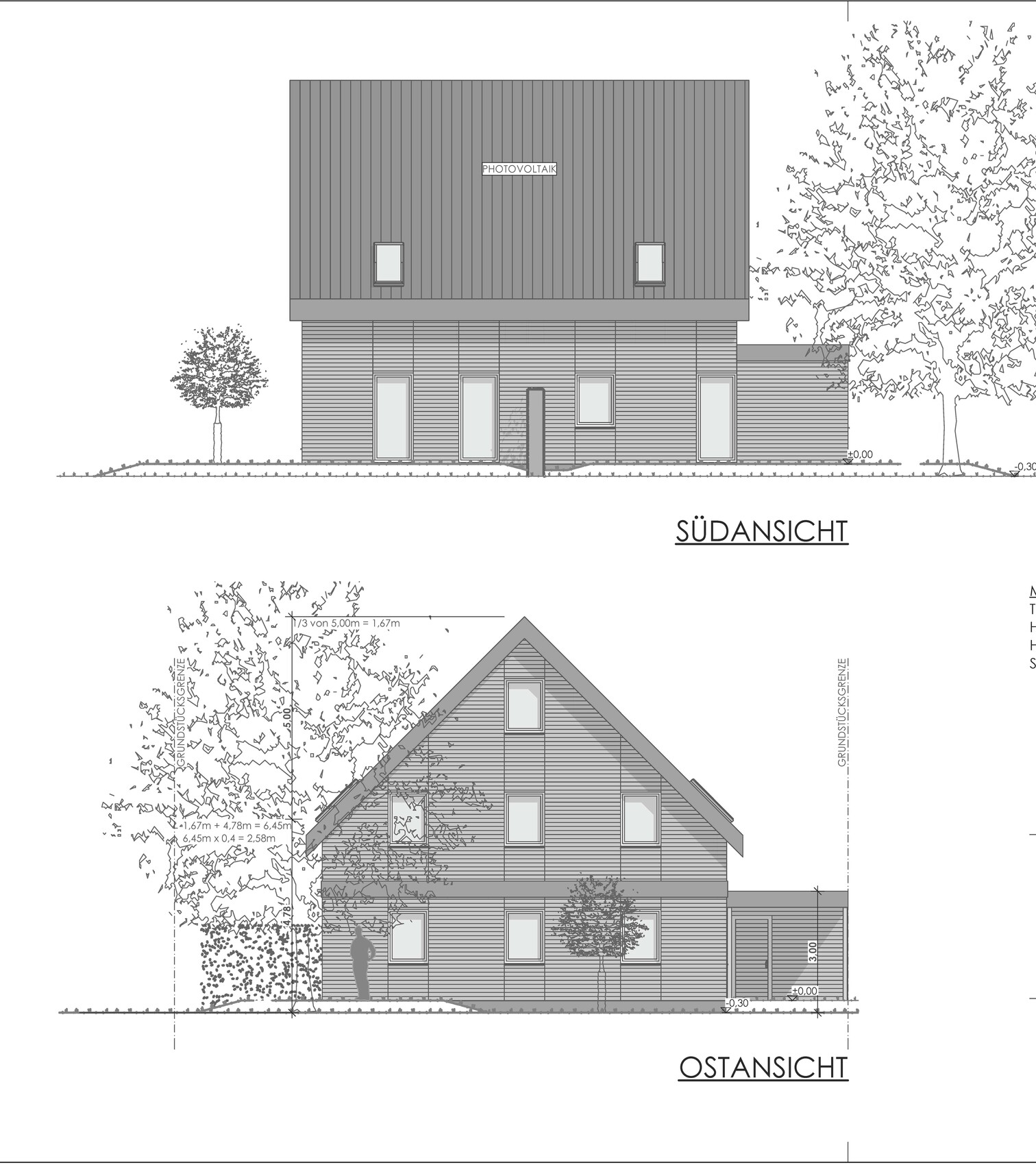 South and East elevation of a modern house with photovoltaic roof and tree cover.