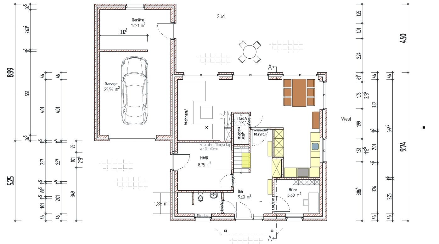 Floor plan of a house: garage with car, open living/dining area, kitchen, office, utility room.