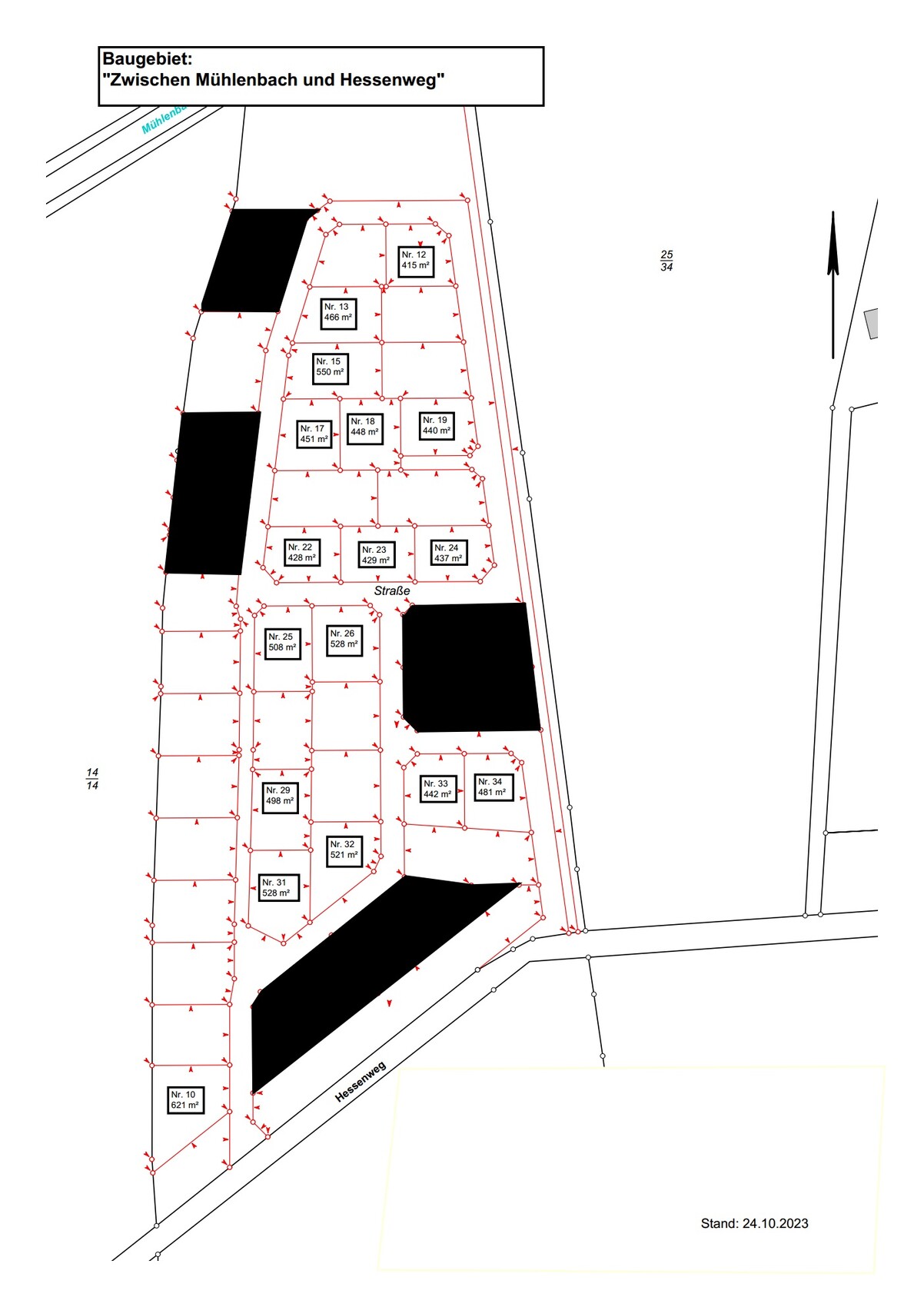 Site plan of a residential area between Mühlenbach and Hessenweg with parcels and buildings.