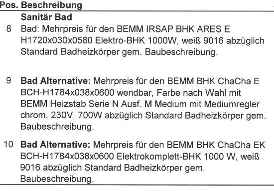 Text page with sanitary bathroom specifications and bathroom alternatives, table content