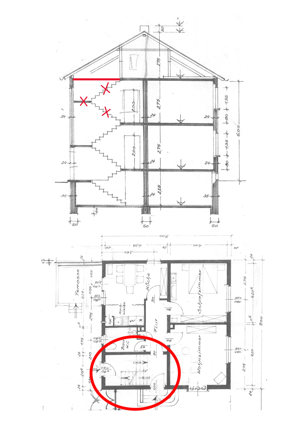 Two-story house floor plan with stairwell and room layout