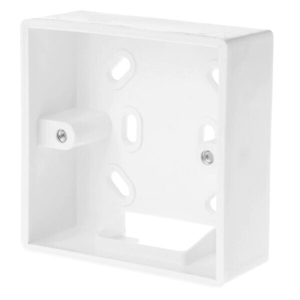 White plastic flush-mounted back box with mounting tabs, interior view