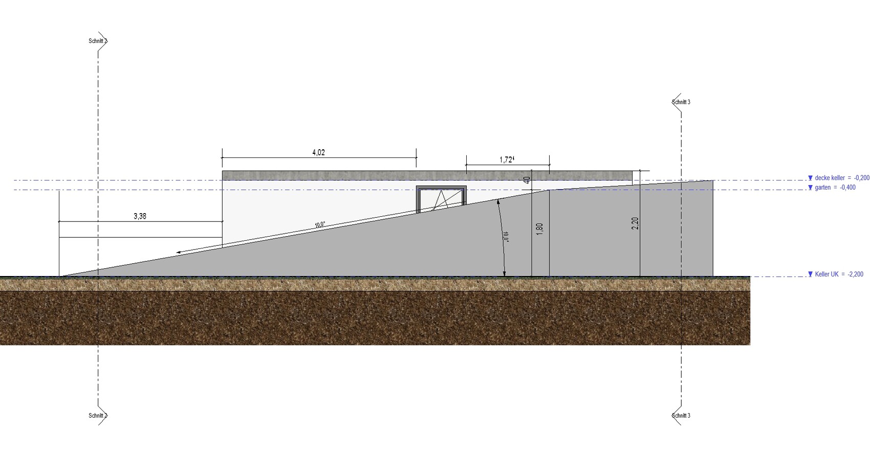 Cross-section of a building with a sloped ramp, basement, floor construction, and dimension lines.