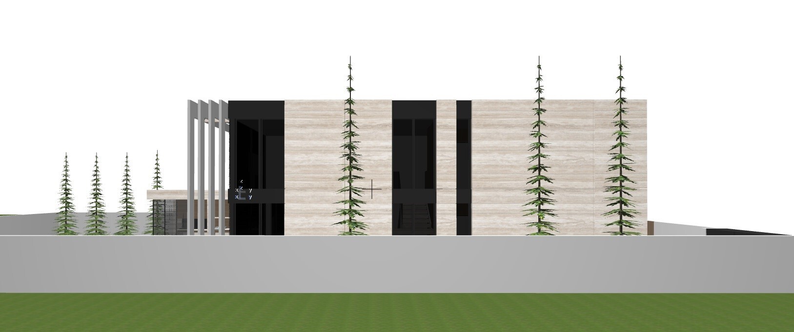 Modern sandstone facade with dark windows, slender fir trees in front