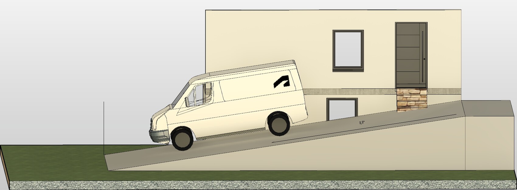 Beiger Lieferwagen fährt eine steile Einfahrt neben einem modernen Haus.