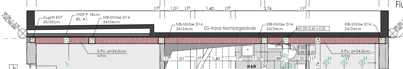 Cross-section of a building: exterior wall, ceiling structure, supports, and dimensions.