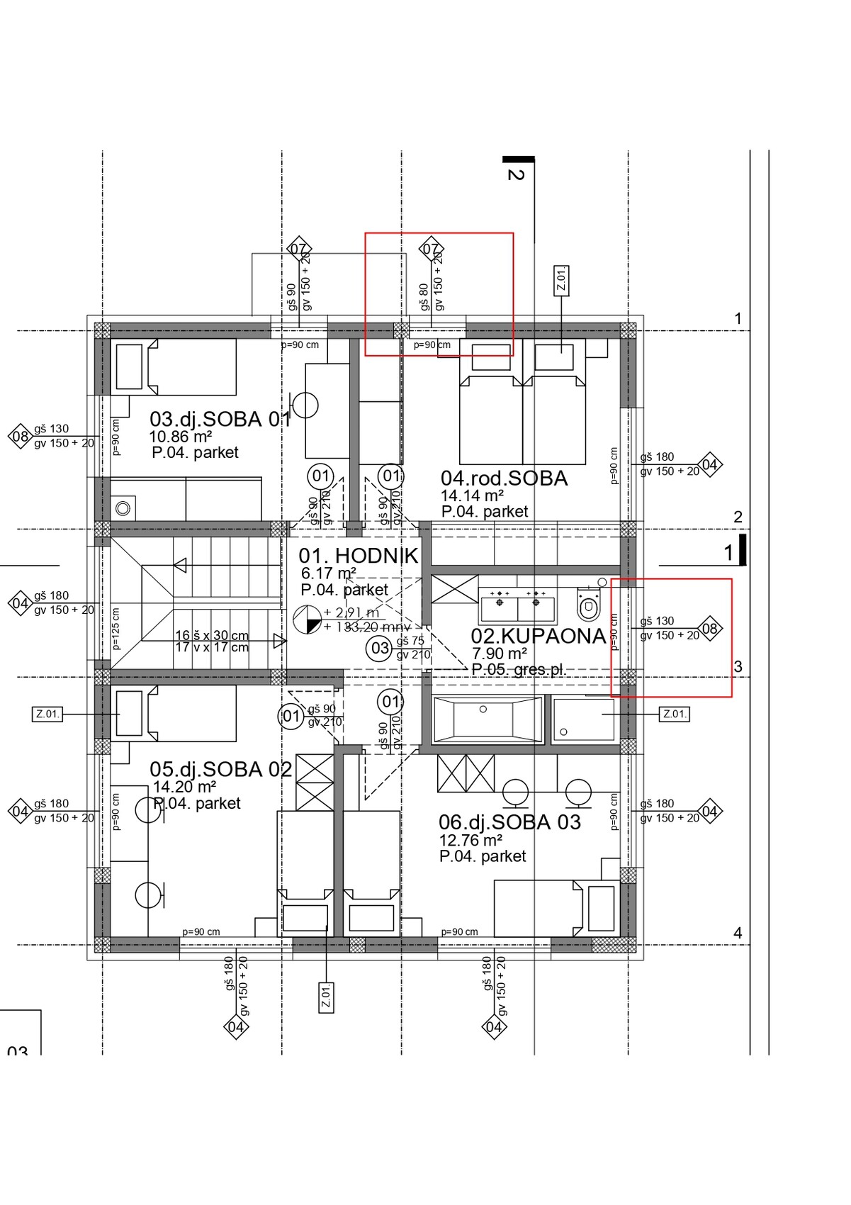 Floor plan of a house with bedrooms, bathroom, kitchen, and hallway.