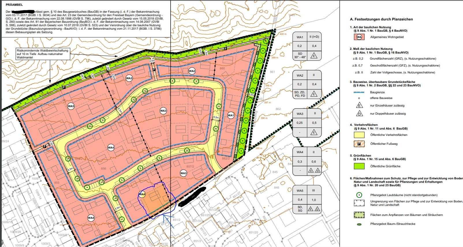 Site plan of a building area: colored residential zones, roads, green spaces; legend on the right.