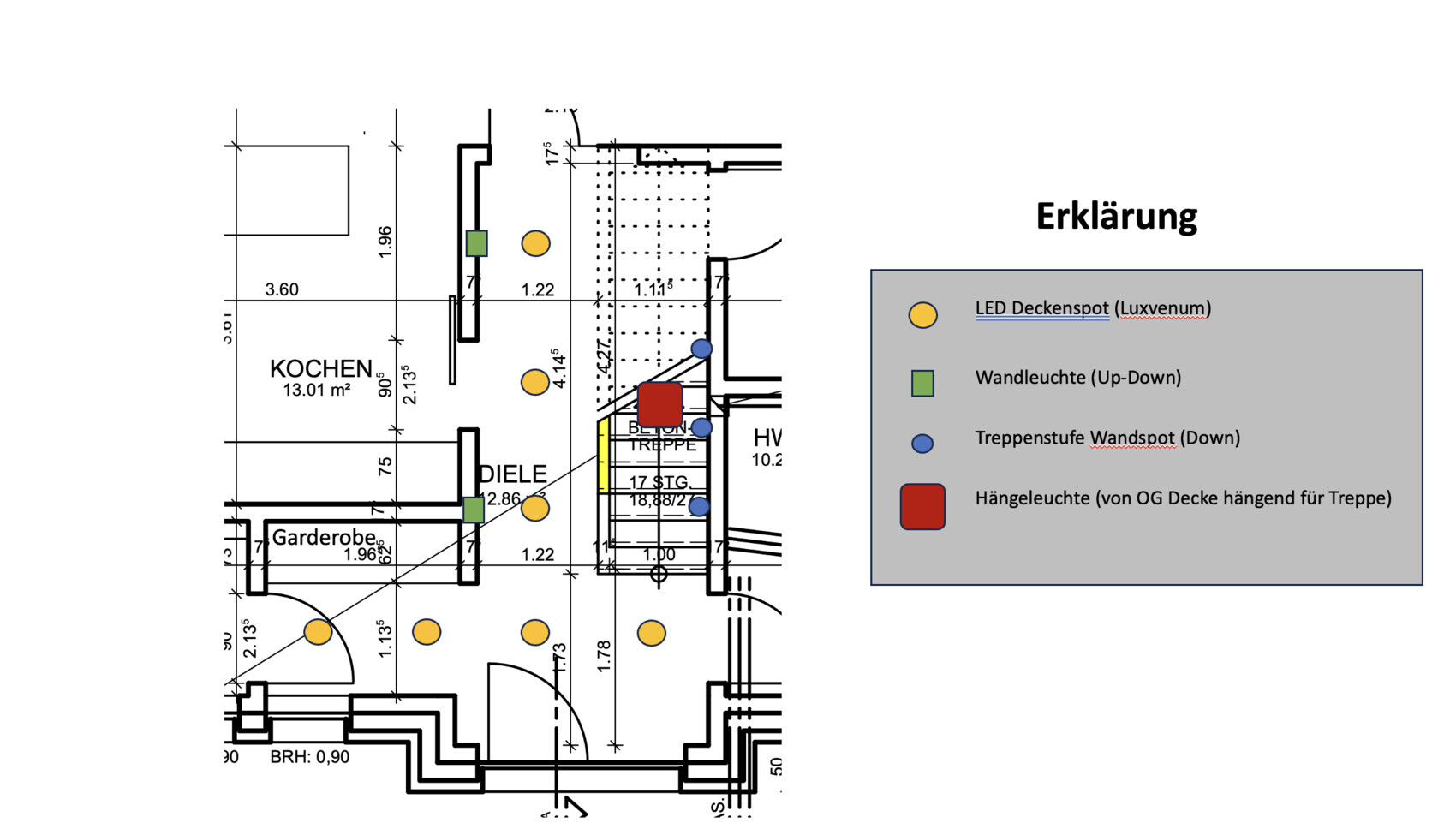 Interior floor plan (kitchen/hallway) with legend on the right; yellow LED ceiling spotlights, green wall lights.