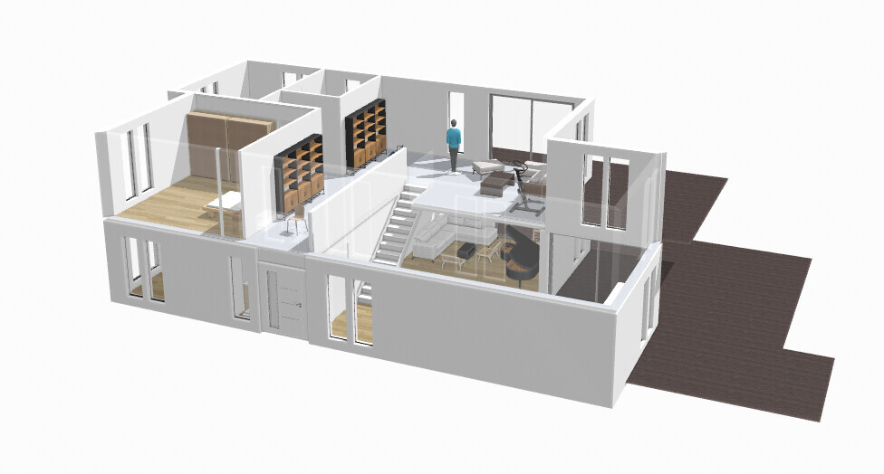 Isometric 3D render of a modern house with open interiors, staircase and terrace
