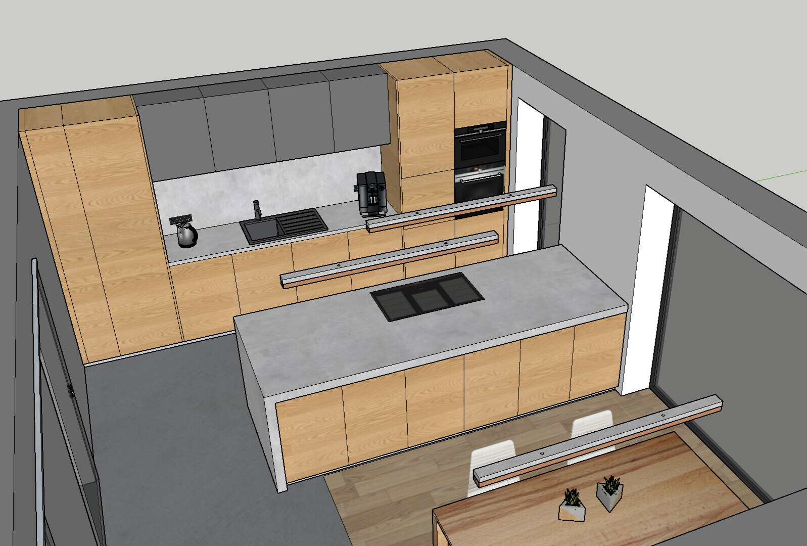 Kitchen with wooden fronts, grey upper cabinets, island with cooktop, sink, ovens; dining table.