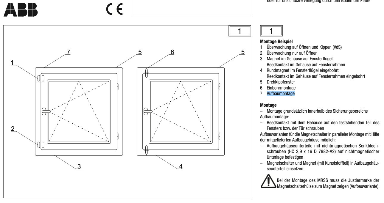 Two window frames with handles, labels 1–7; mounting instructions on the right.